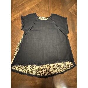 UMGEE Womens Top Black & Leopard Print Short Sleeve Colorblock Size 1XL